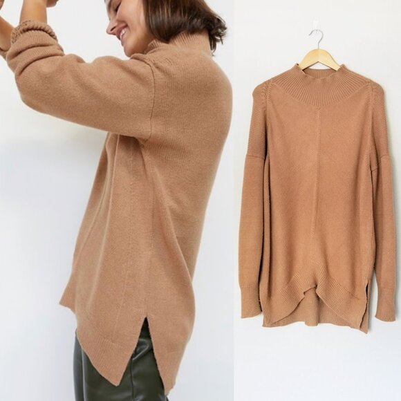 Maeve Anthropologie Crystal Longline Tunic Sweater S Camel Brown Mock Neck $118 - Picture 3 of 15
